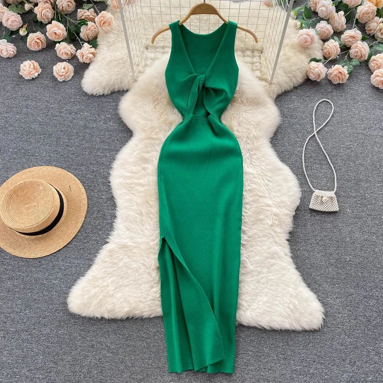 Reversible Split Knit Bodycon Maxi Dress