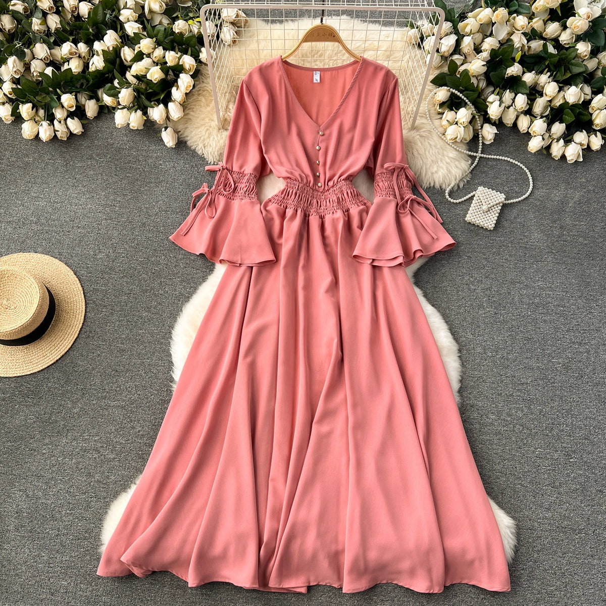 Belted Print Flare Sleeve A-Line Dress