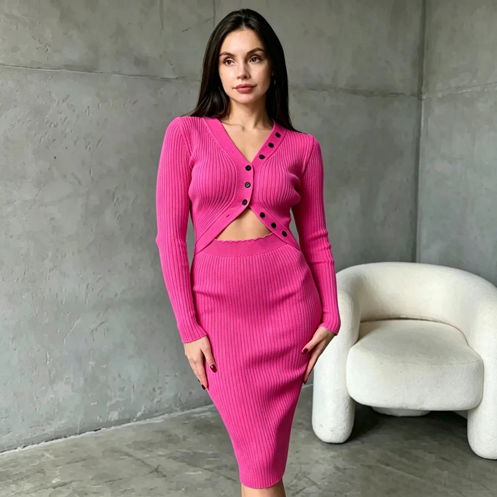 Cutout Waist Button V-Neck Knit Dress