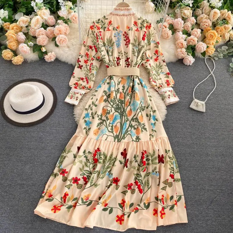 French Floral Puff Sleeve Button Dress
