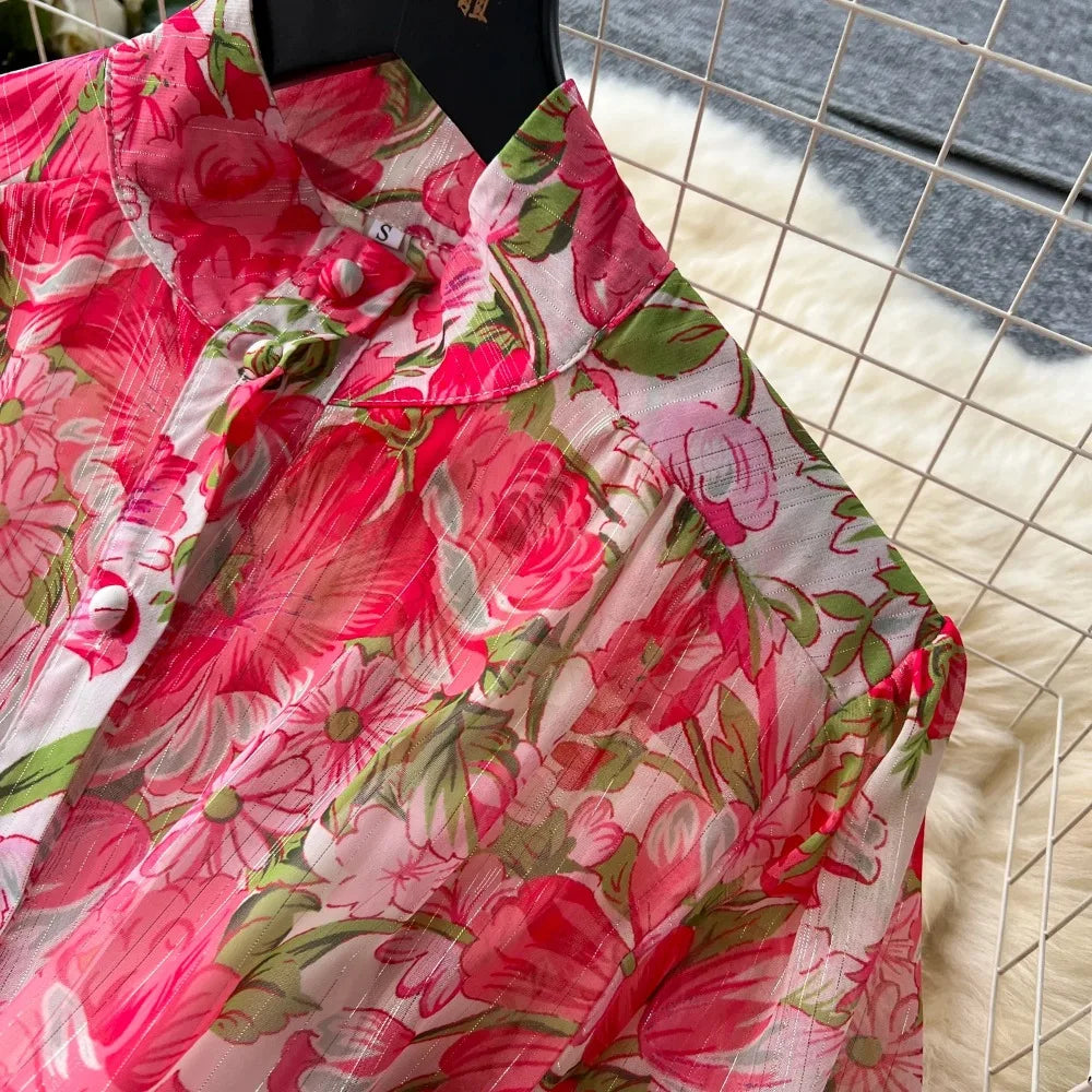 Print Chiffon Button Tie-Waist A-Line Dress