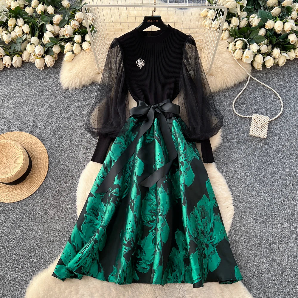 Mesh Layered Look Long Sleeve Party Dress