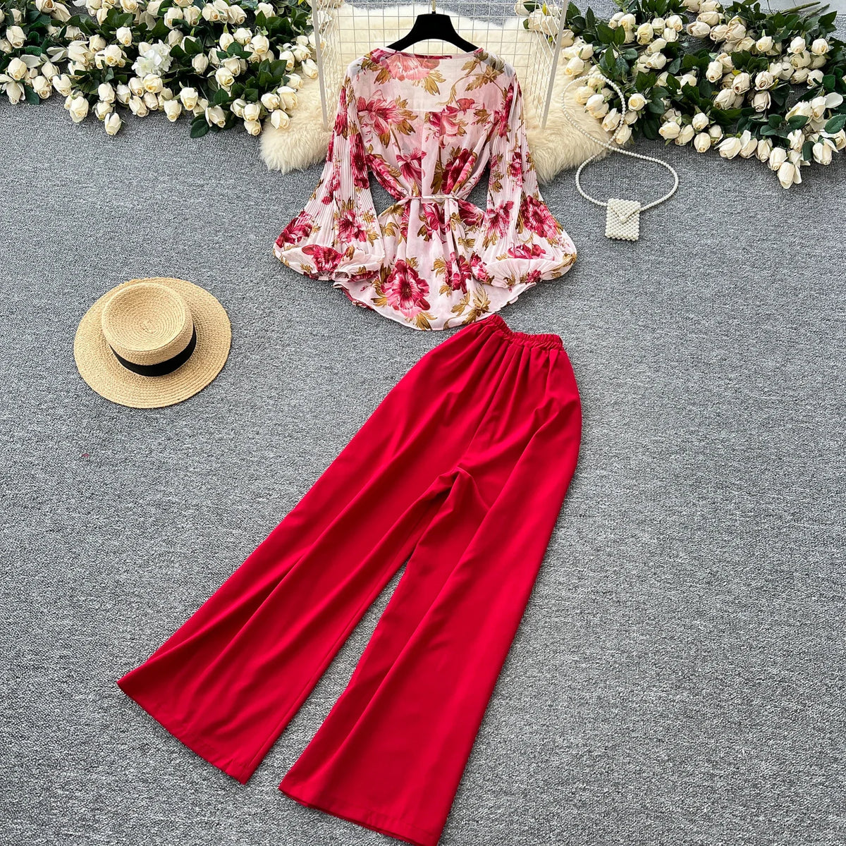 Print Lantern Sleeve Top and Wide Leg Pants
