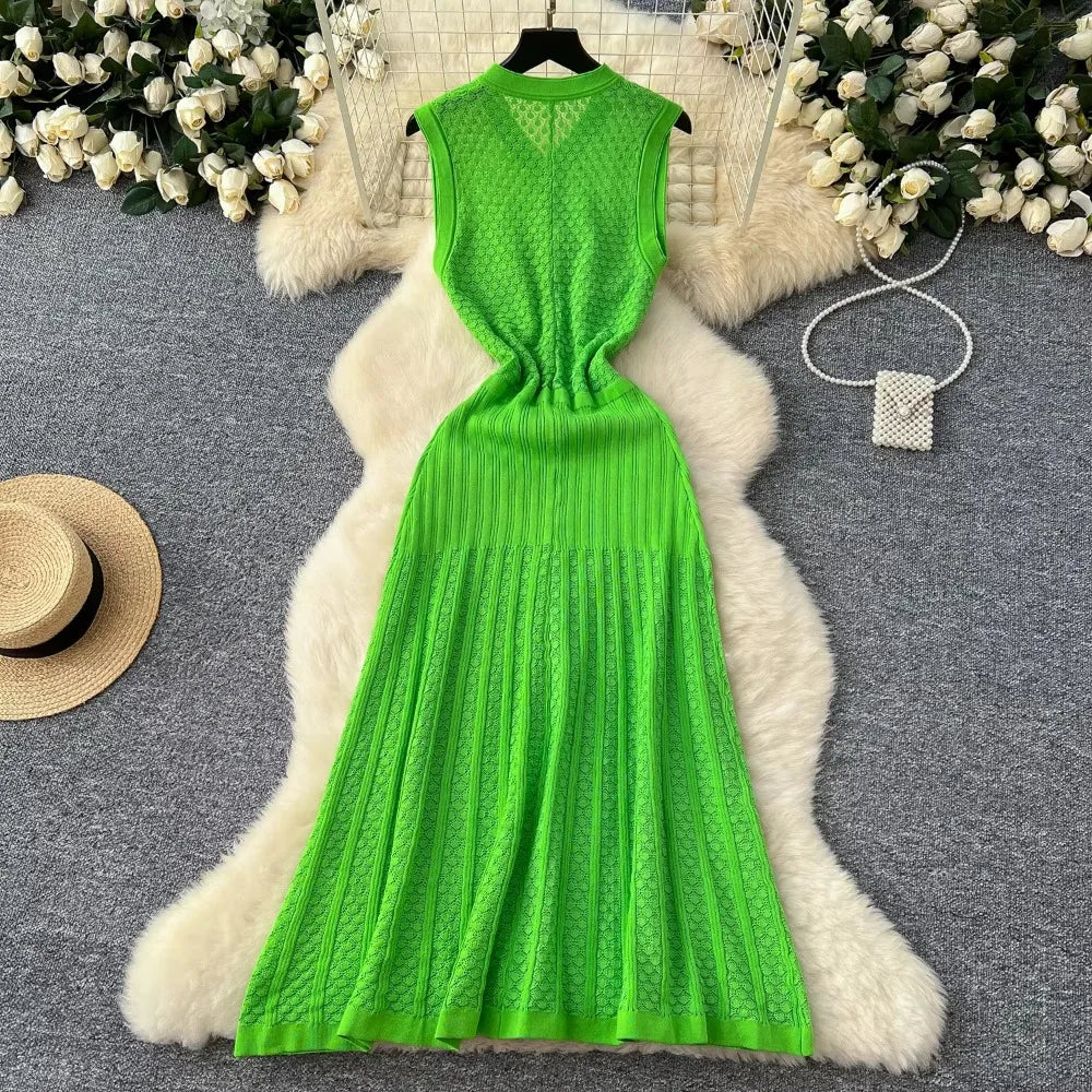 Crochet Knit V-Neck Sleeveless Long Dress
