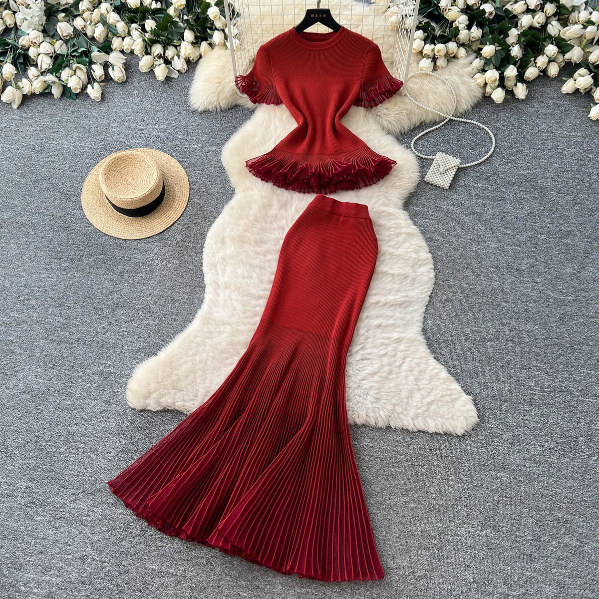 Ruffled Knit Pullover and Trumpet Skirt Set