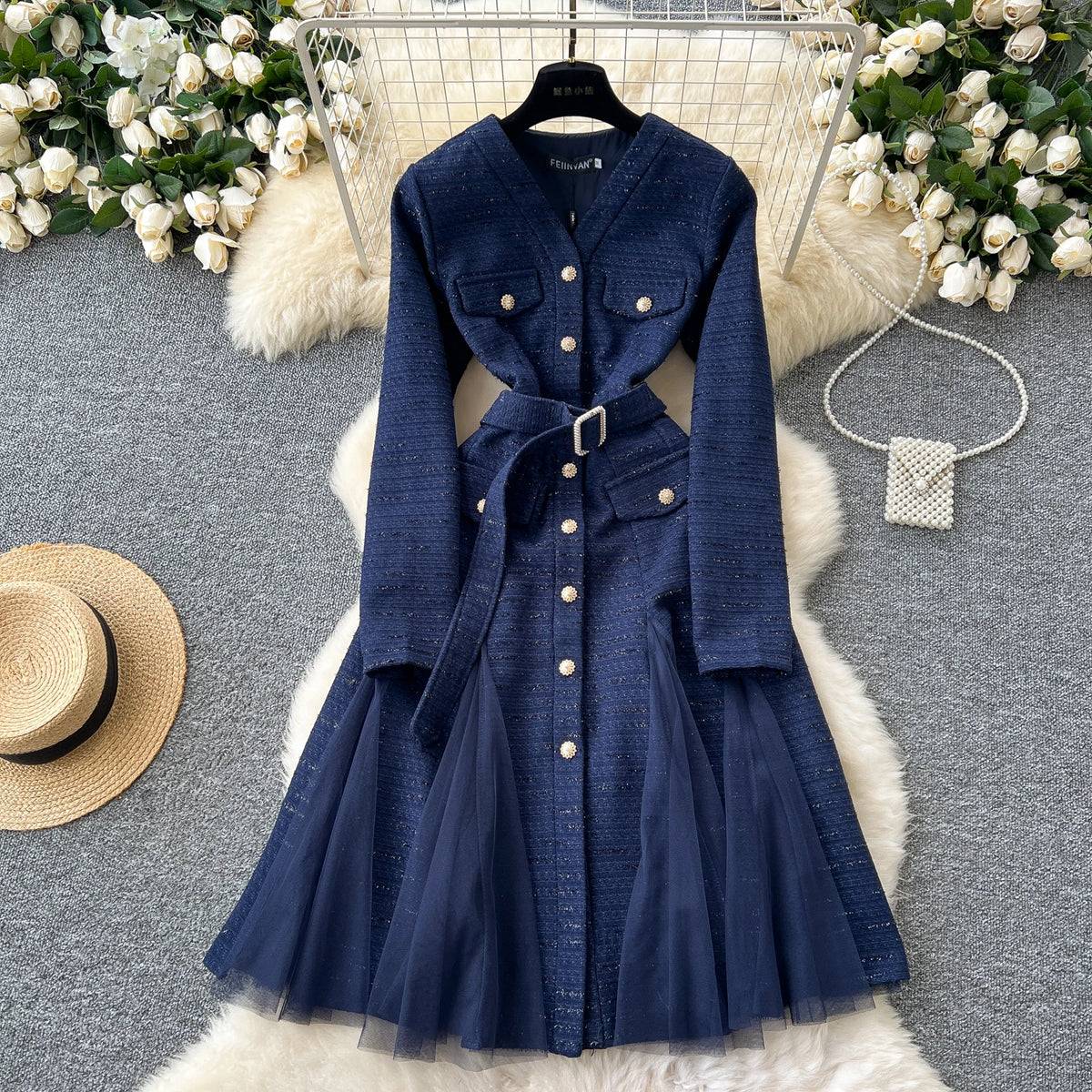 V-Neck Mesh Long Sleeve Party Dress