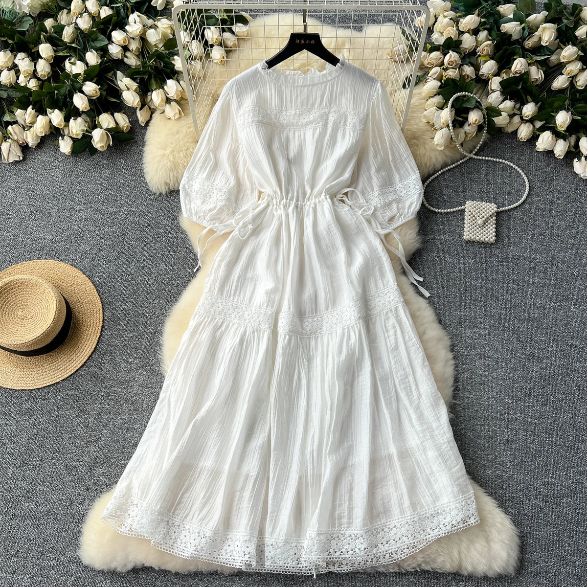 Lace Ruffle Lantern Sleeve Chiffon Dress