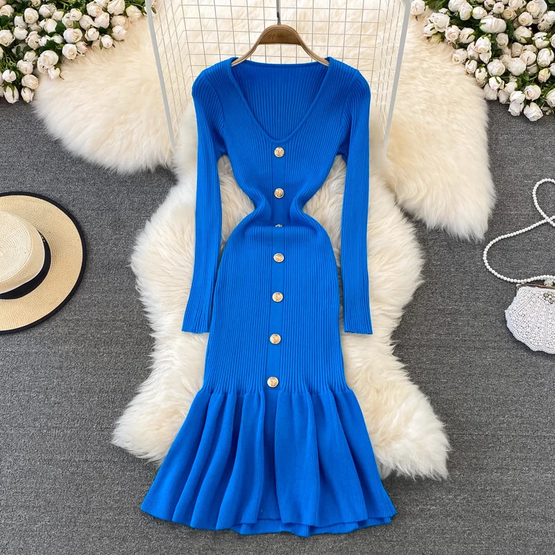 V-Neck Long Sleeve Knit Mermaid Dress
