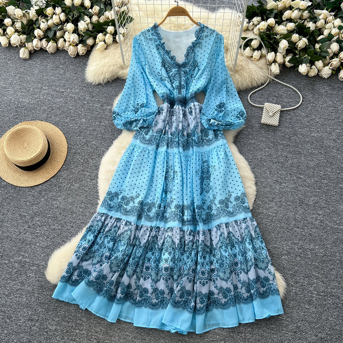 Slim Print V-Neck Long Sleeve Dress