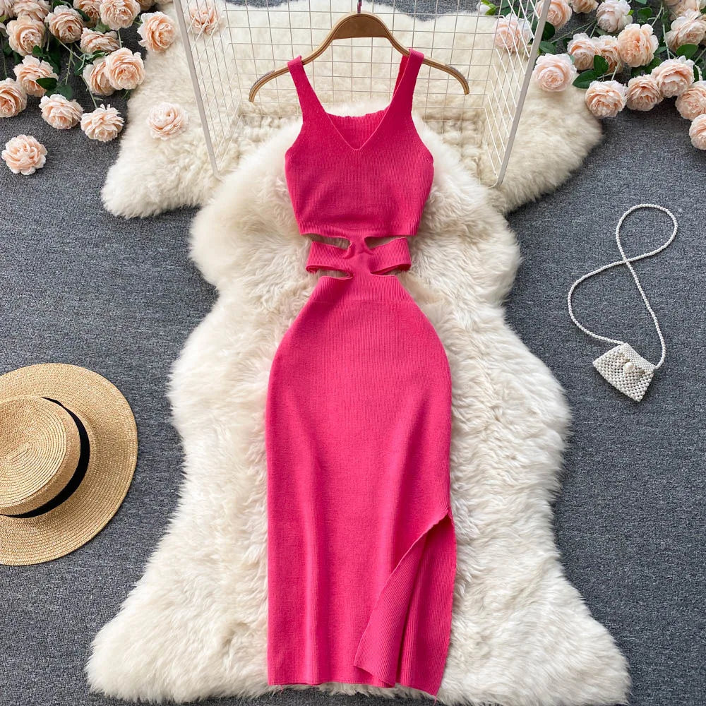 Cut Out Waist Split Knit Bodycon Dress