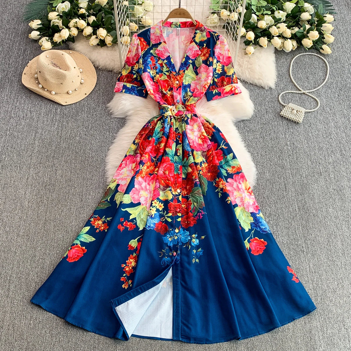 Print Button Front A-Line Maxi Dress