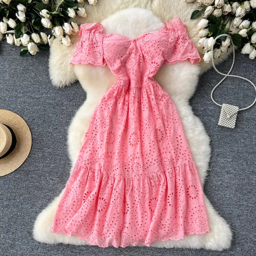 Embroidered Cutout Ruffle A-Line Dress