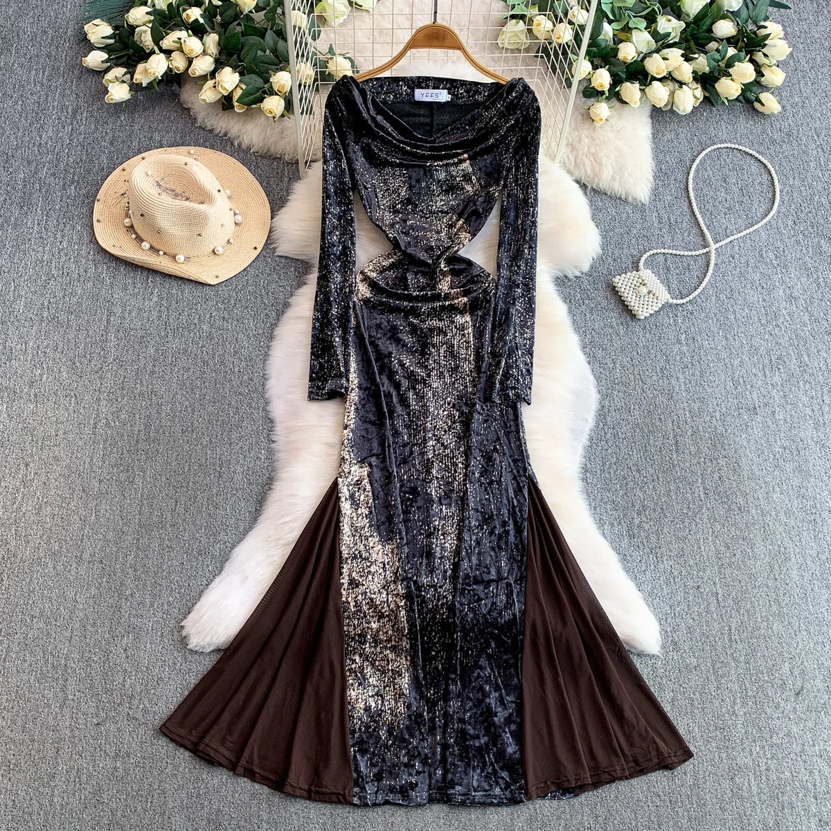 Print Draped Collar Long Sleeve Dress