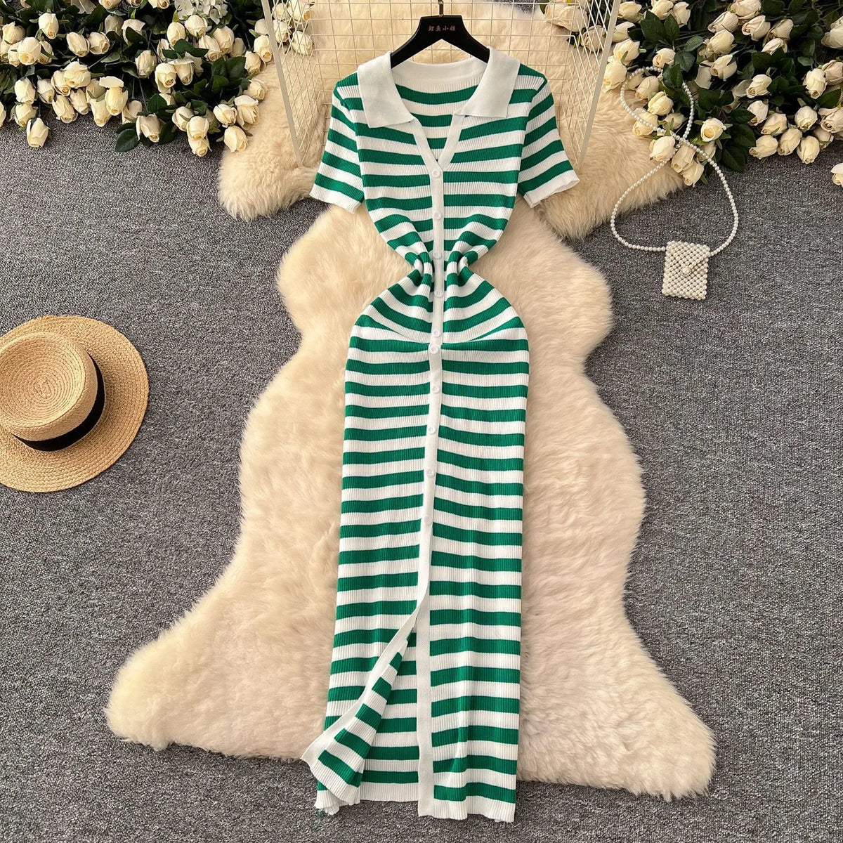 Striped Short Sleeve Knit Maxi Dress
