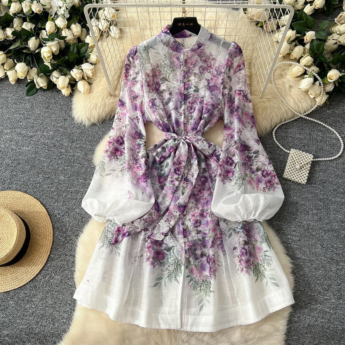 Stand Collar Print Bandage Button Dress