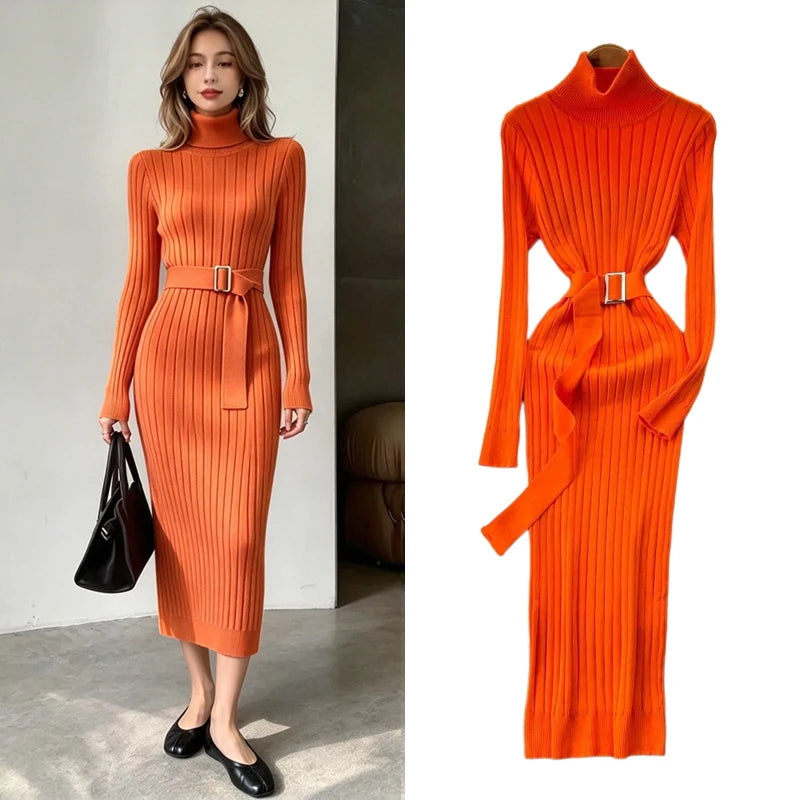 Turtleneck Long Sleeve Knit Bodycon Sweater Dress