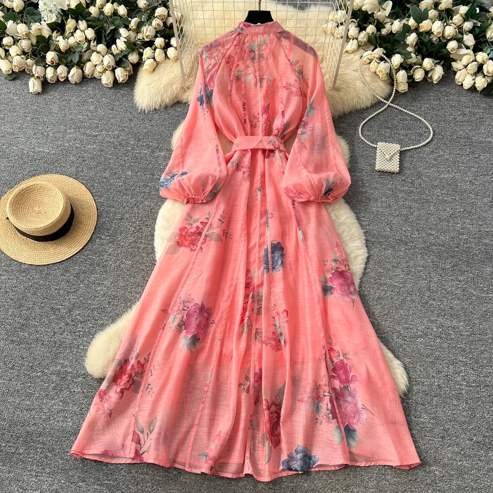 Button Print Lantern Sleeve Dress