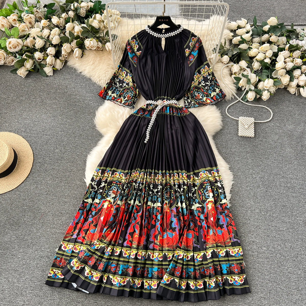 Beaded Print Pleated A-Line Dress
