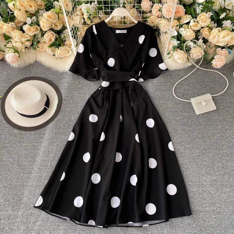 Polka Dot Tie Waist V-Neck Dress