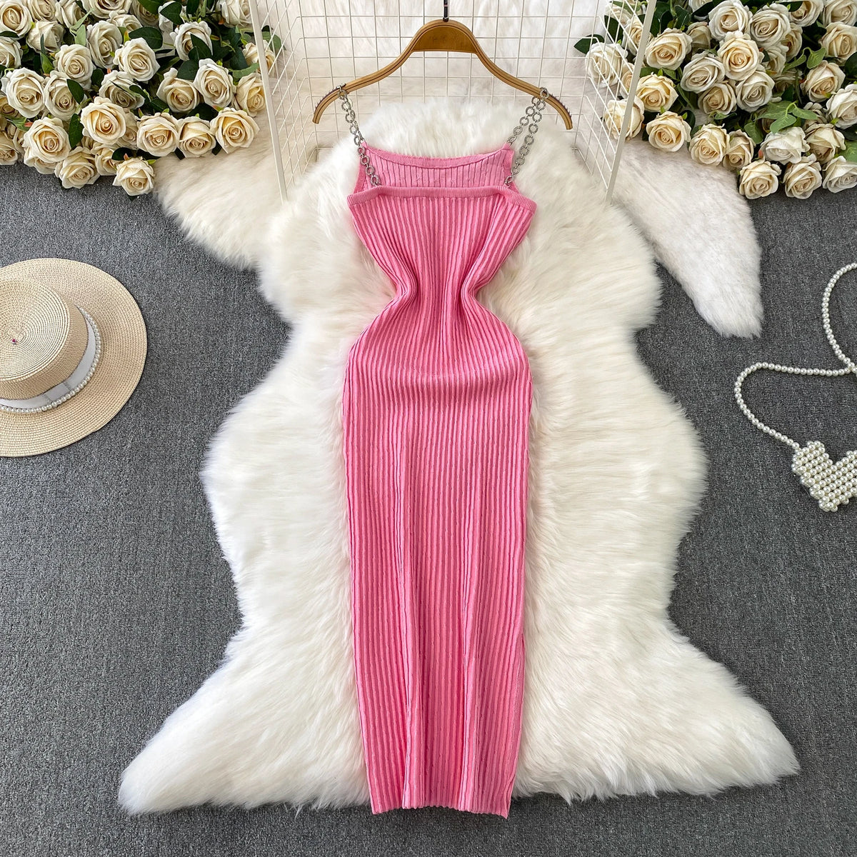 Chain Strap Off-Shoulder Knit Dress