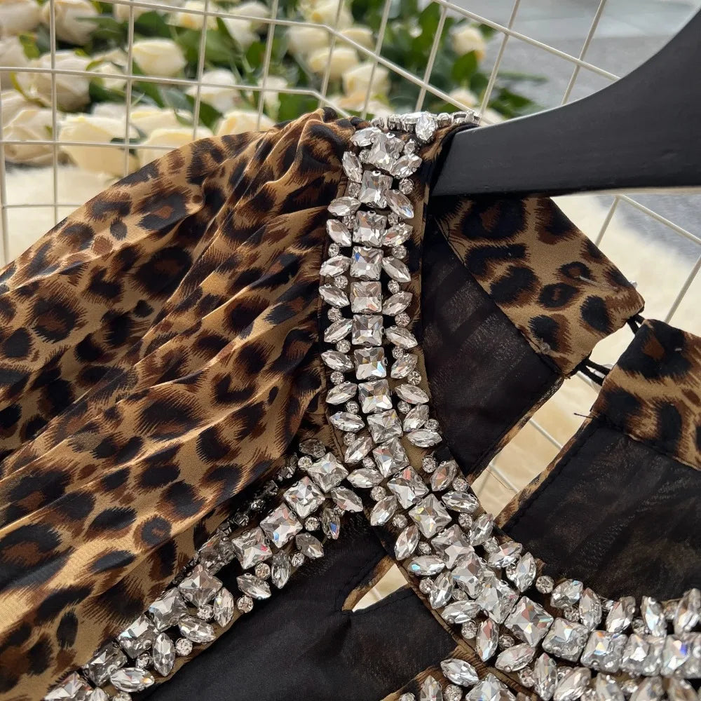 Leopard Rhinestone High Waist Party Dress