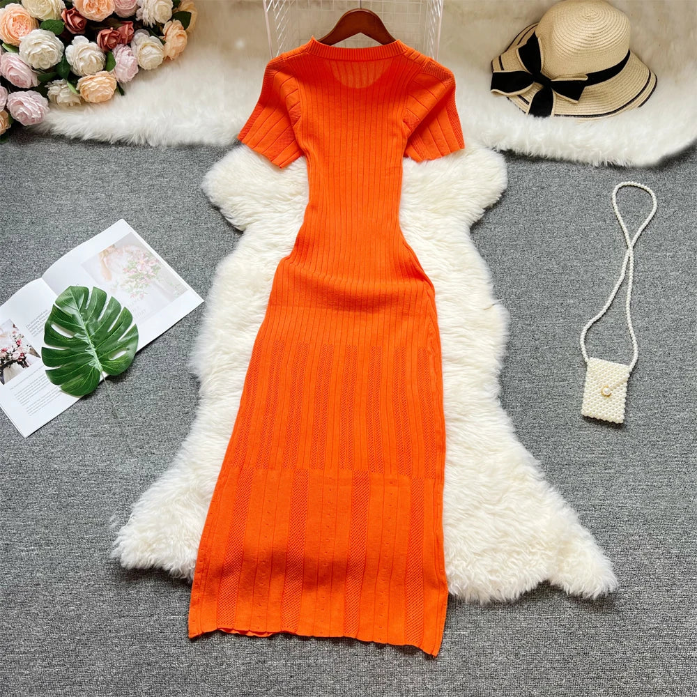 Button Front Knit Bodycon Maxi Dress