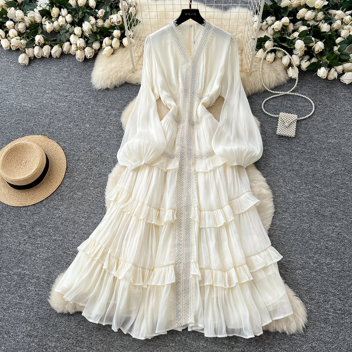 Rhinestone Lantern Sleeve Fitted Maxi Dress
