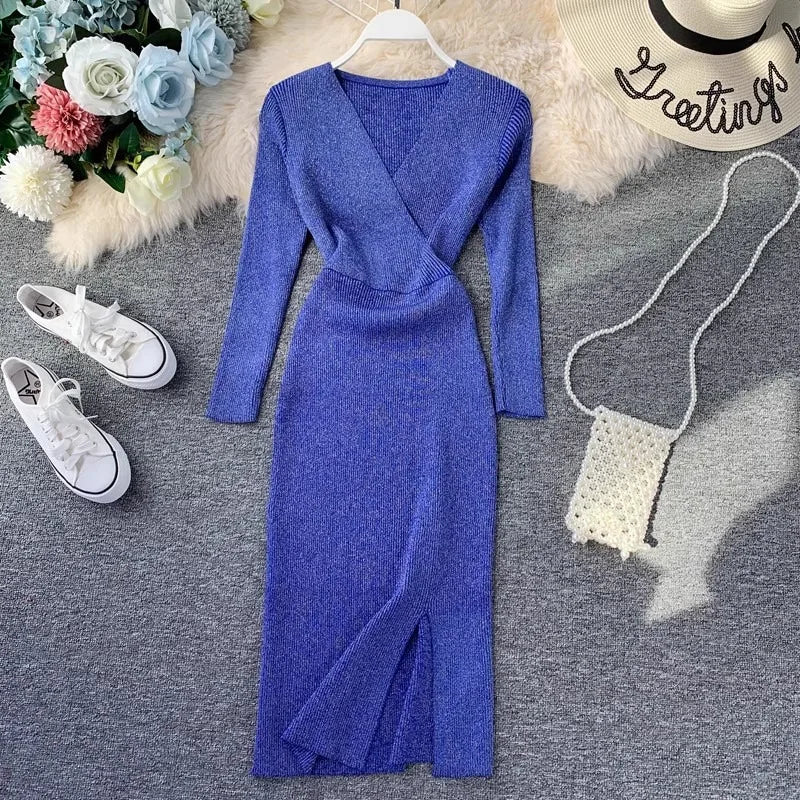 Metallic V-Neck Knit Sweater Dress