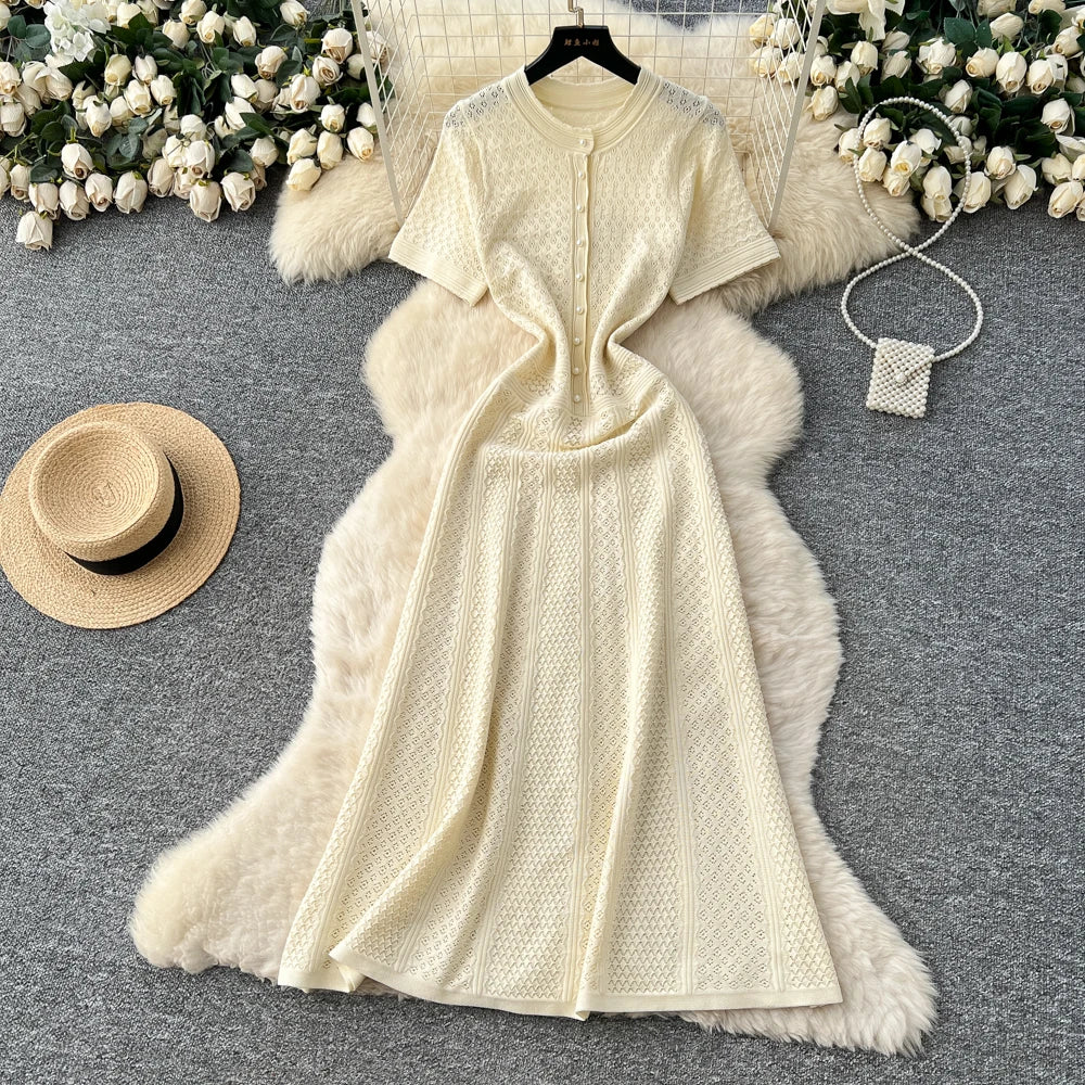 Button Knit Short Sleeve Long Dress