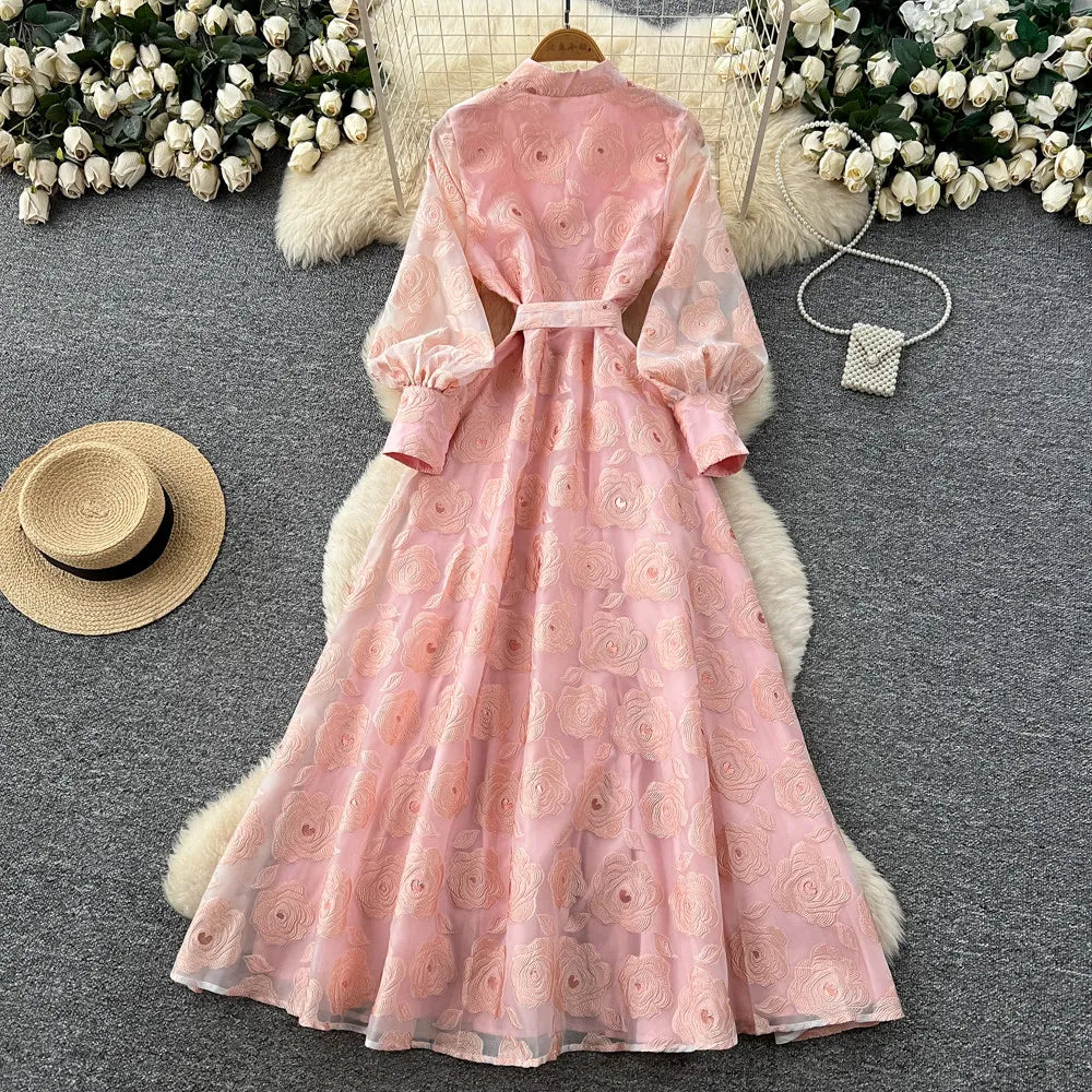 Intricate Embroidered Lantern Sleeve Maxi Dress