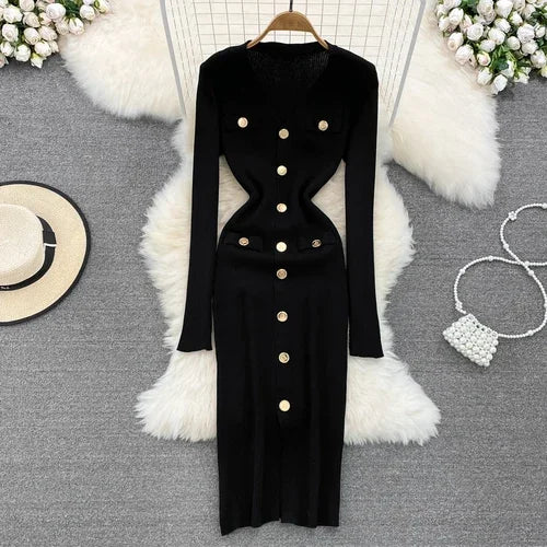 Split V-Neck Knit Bodycon Dress