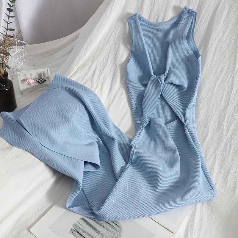Knot V-Neck Split Knit Bodycon Maxi Dress