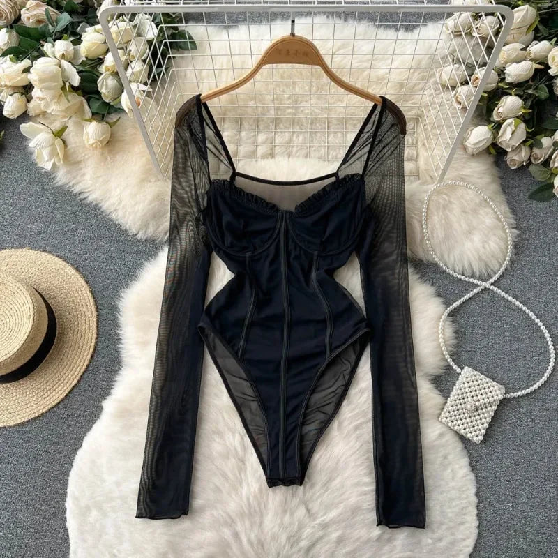 Mesh V-Neck Long Sleeve Bodysuit