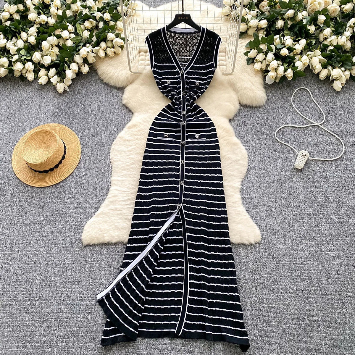 Black And White Striped Knit Maxi Dress