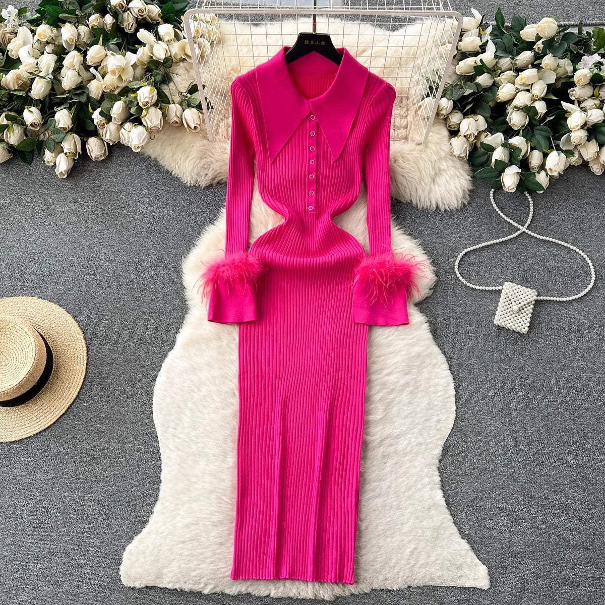 Fur Trim Collared Knit Bodycon Maxi Dress