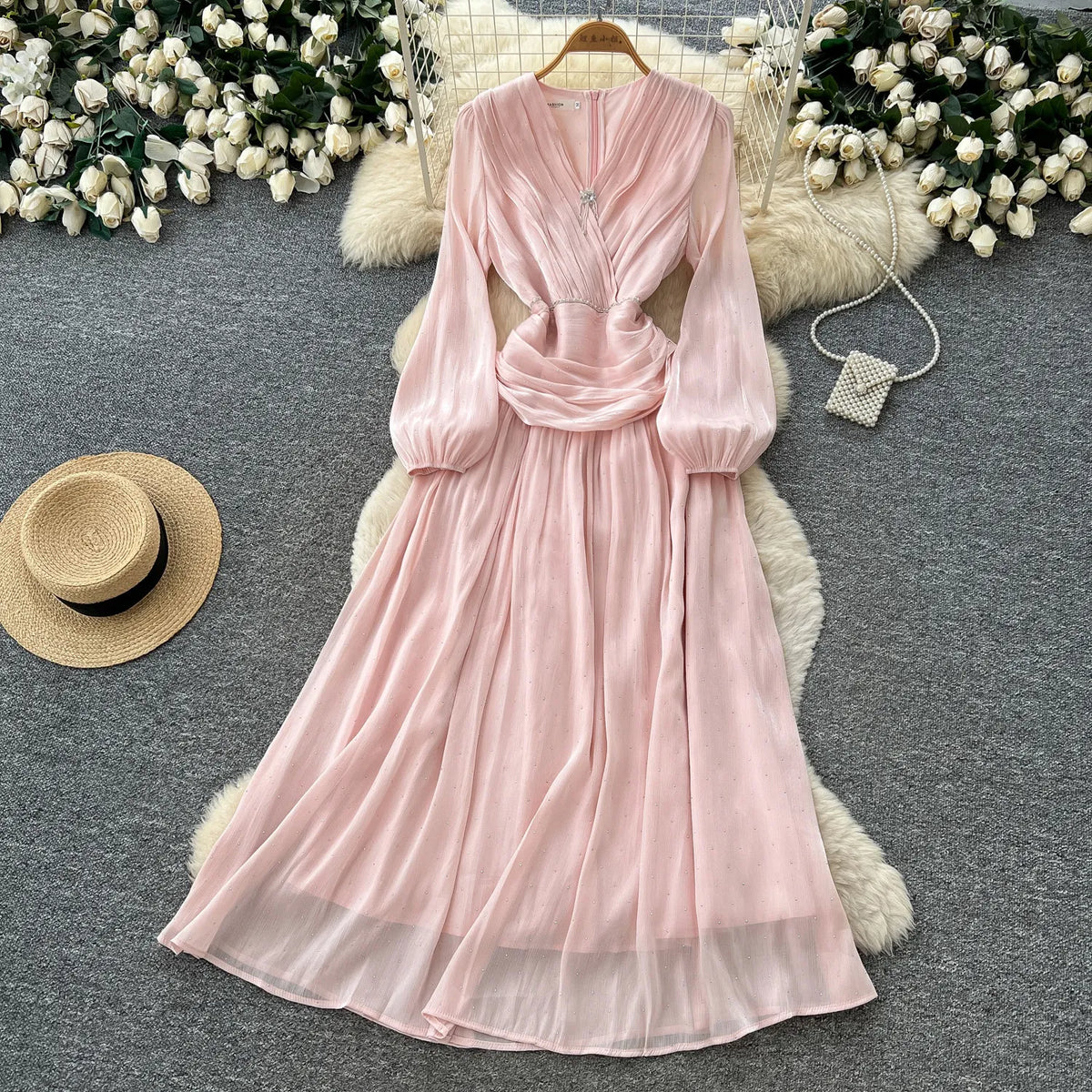 Pleated Rhinestone Chiffon Lantern Sleeve Gown