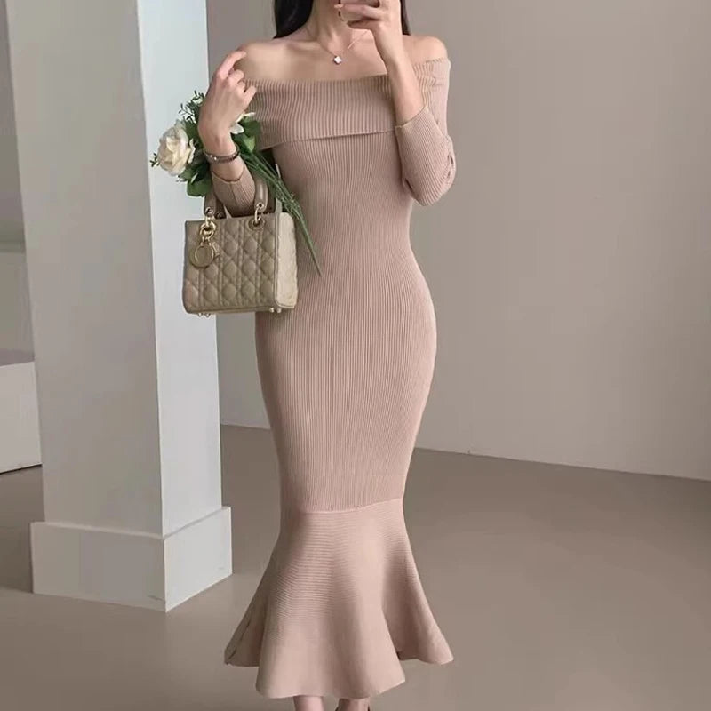 Off-Shoulder Long Sleeve Knit Mermaid Dress