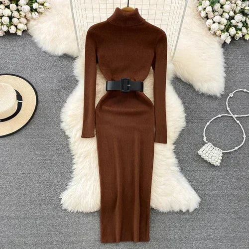 Belted Turtleneck Knit Pencil Dress