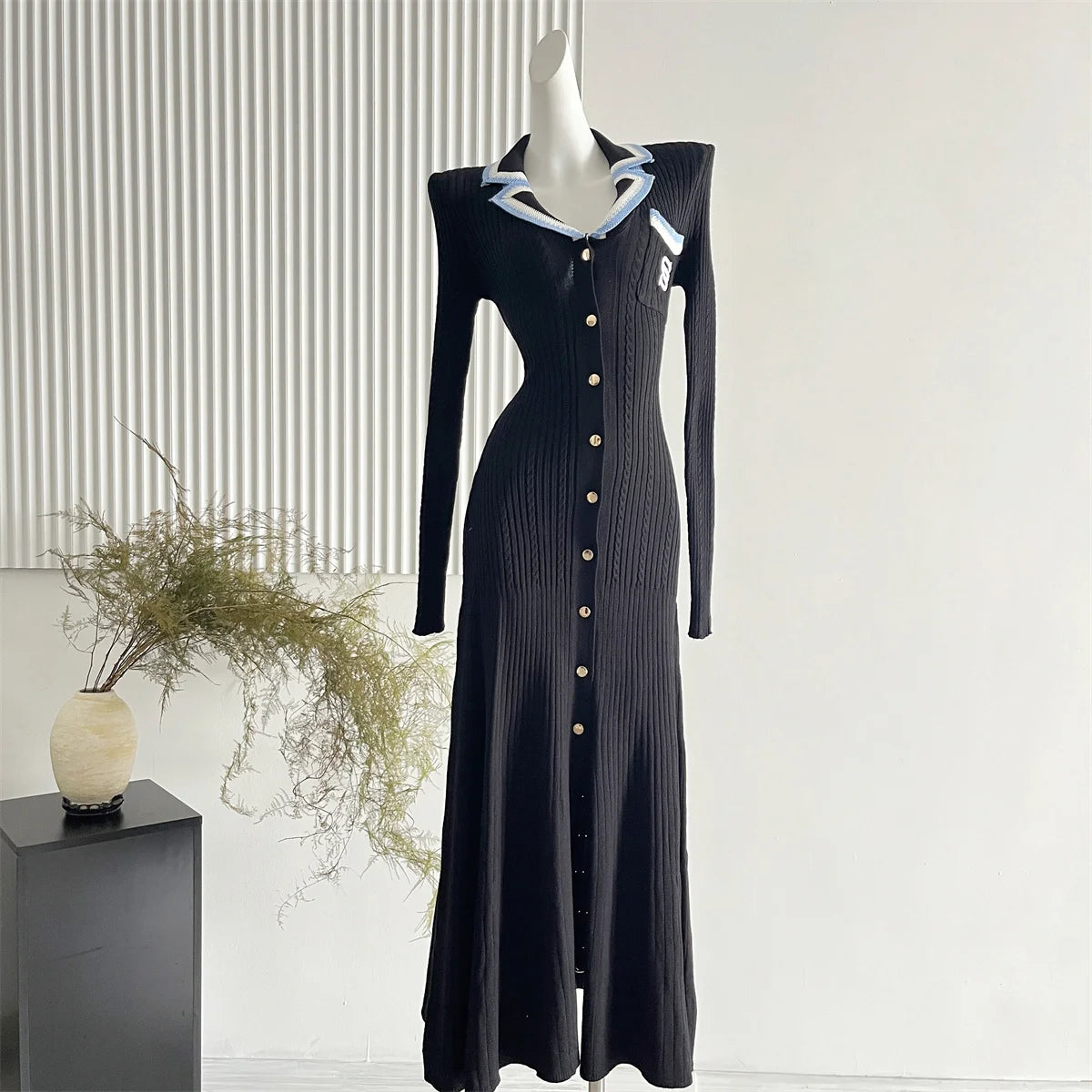 Embroidered Collared Knit Maxi Shirt Dress