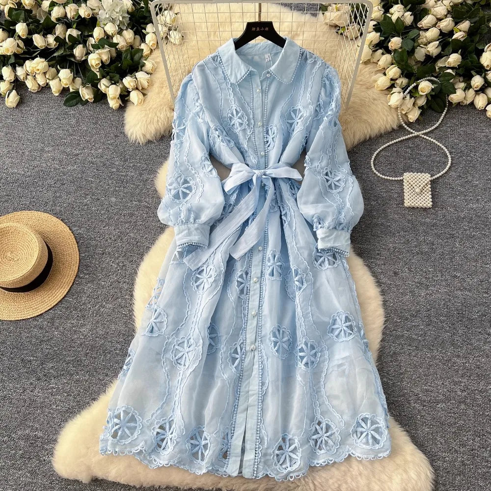 Embroidered Lapel Lantern Sleeve Long Dress