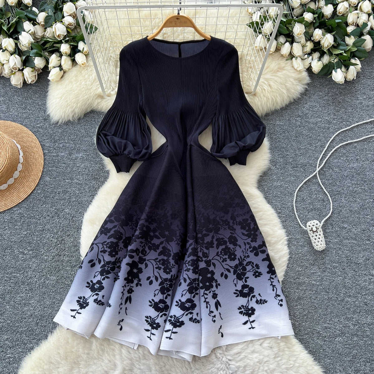 Print Lantern Sleeve High Waist A-Line Dress