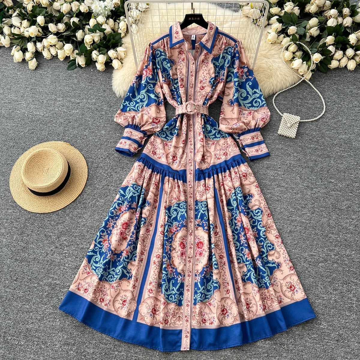 Print Single Breasted Puff Sleeve Dress