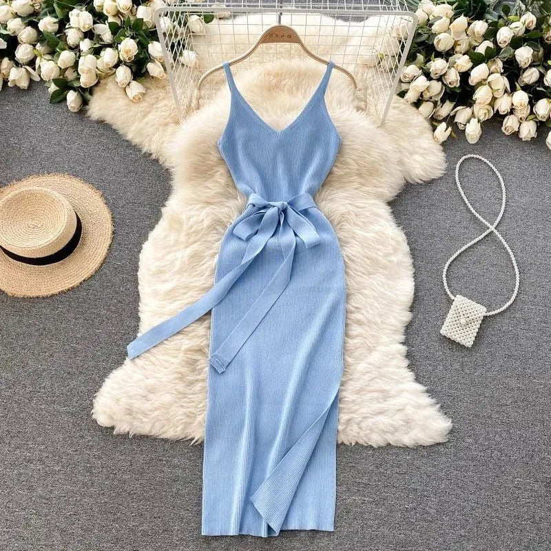 Belted V-Neck Split Knit Maxi Tank Dress