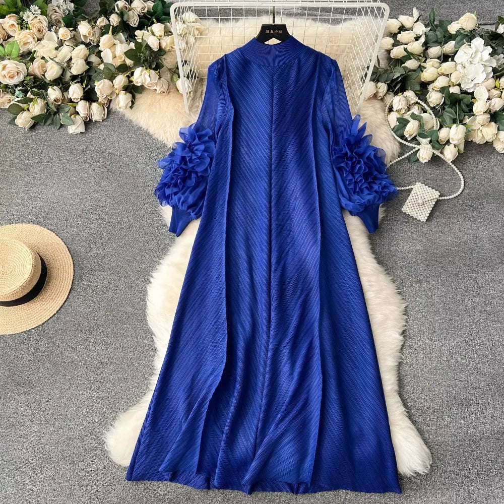 Pleated 3D Flower Loose Long Dress