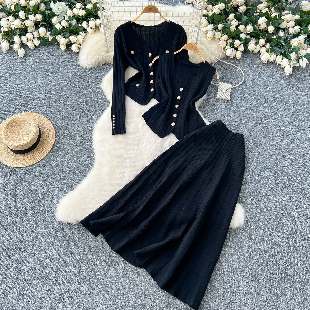 Knit Vest Cardigan and Skirt Three Piece Set