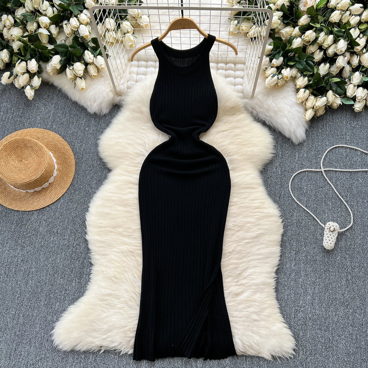 Halter Off-Shoulder Split Knit Dress