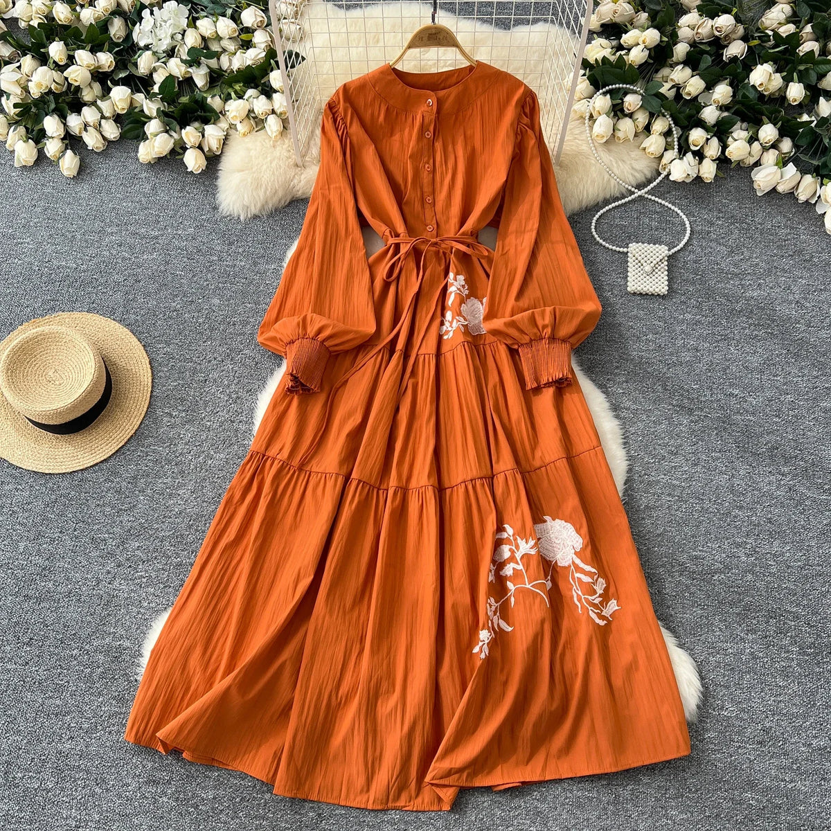 Rose Embroidered Long Sleeve Dress