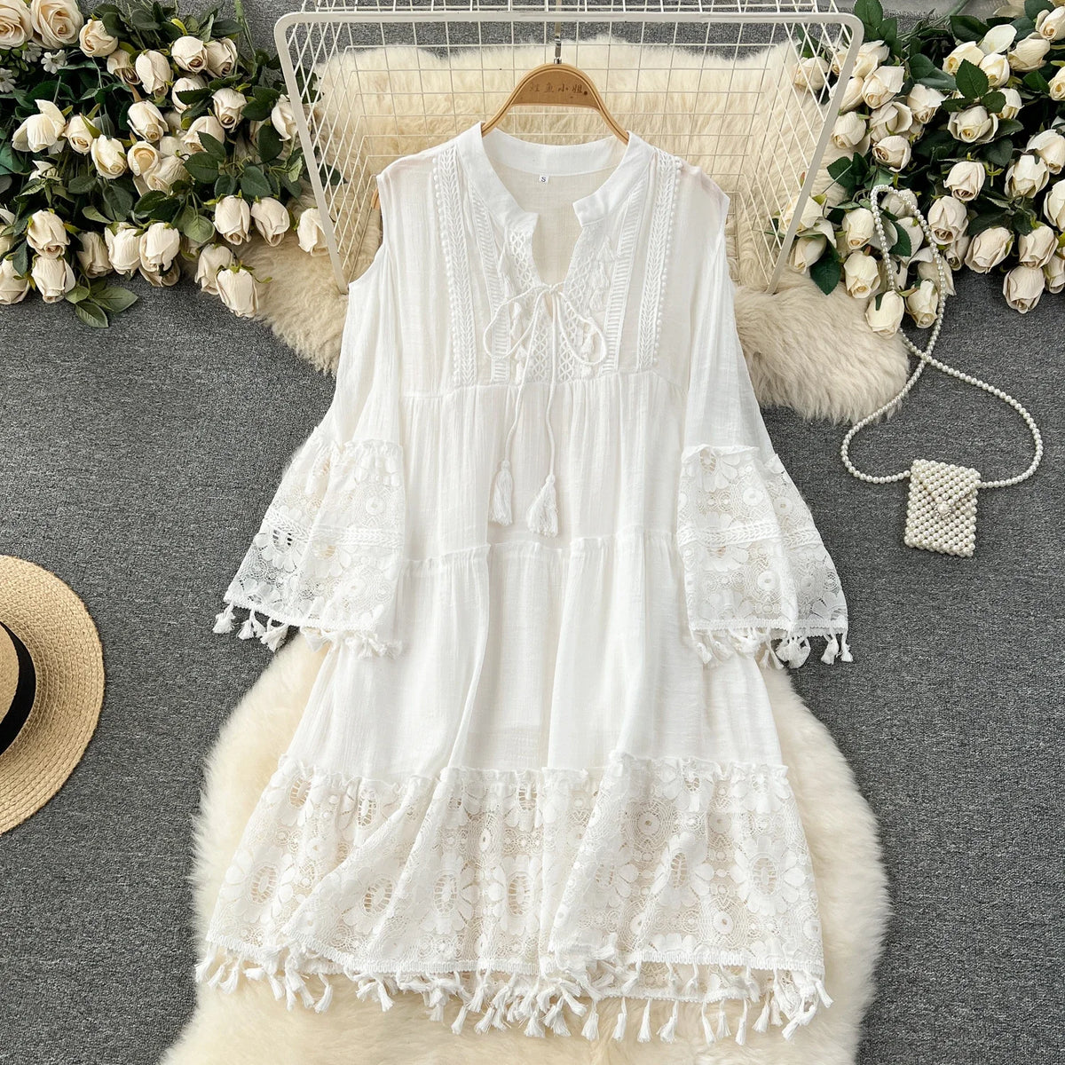 Lace Tassel Flare Sleeve V-Neck Dress