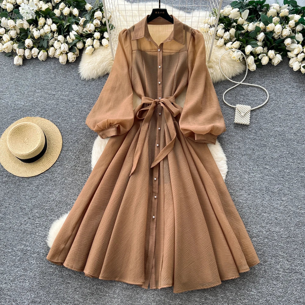 Ruched Button Long Sleeve Dress