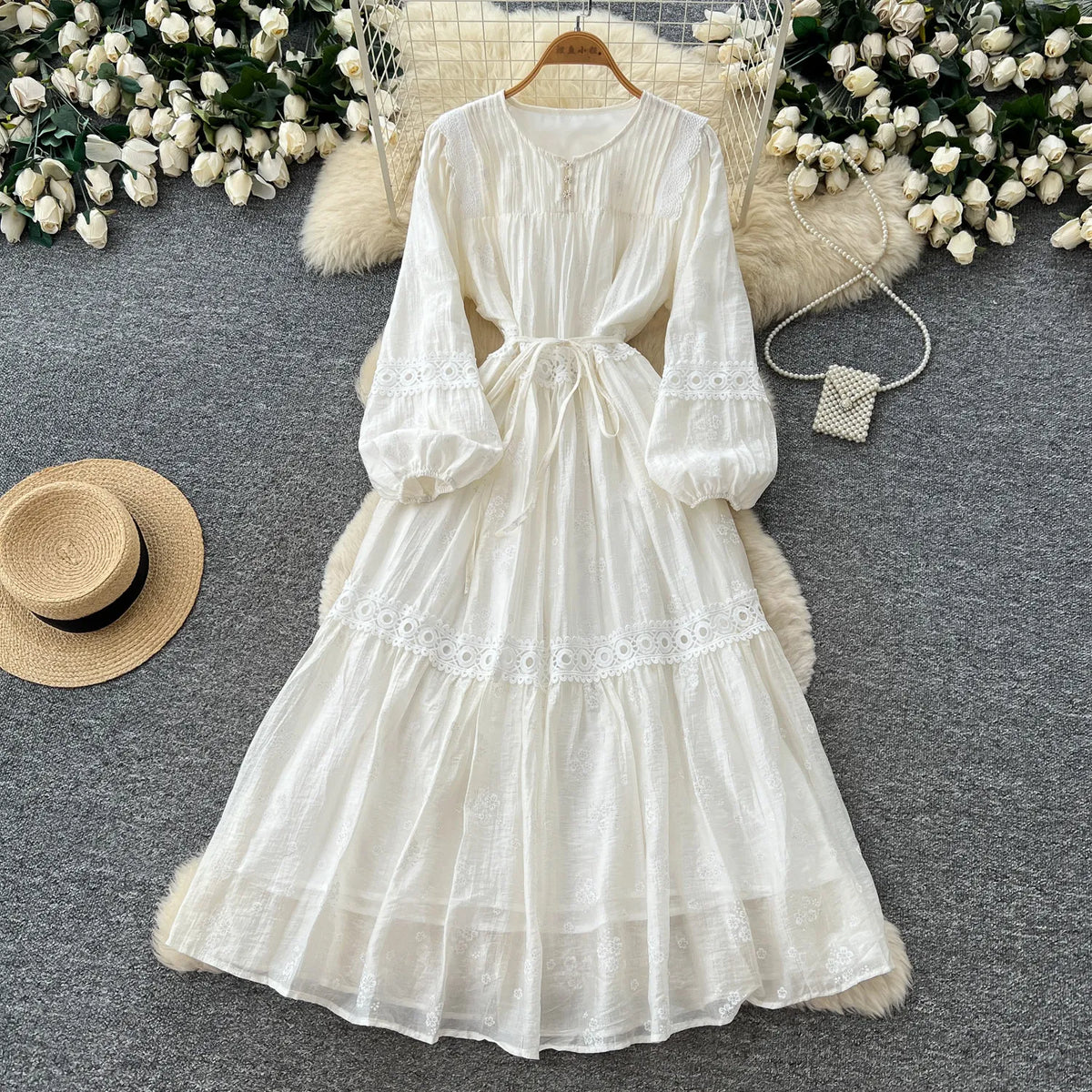 Jacquard Ruffle Puff Sleeve Swing Dress